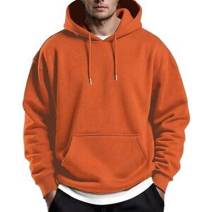 Coofandy Men Orange Pullover Fleece Hooded Sweatshirt with Kanga Pocket